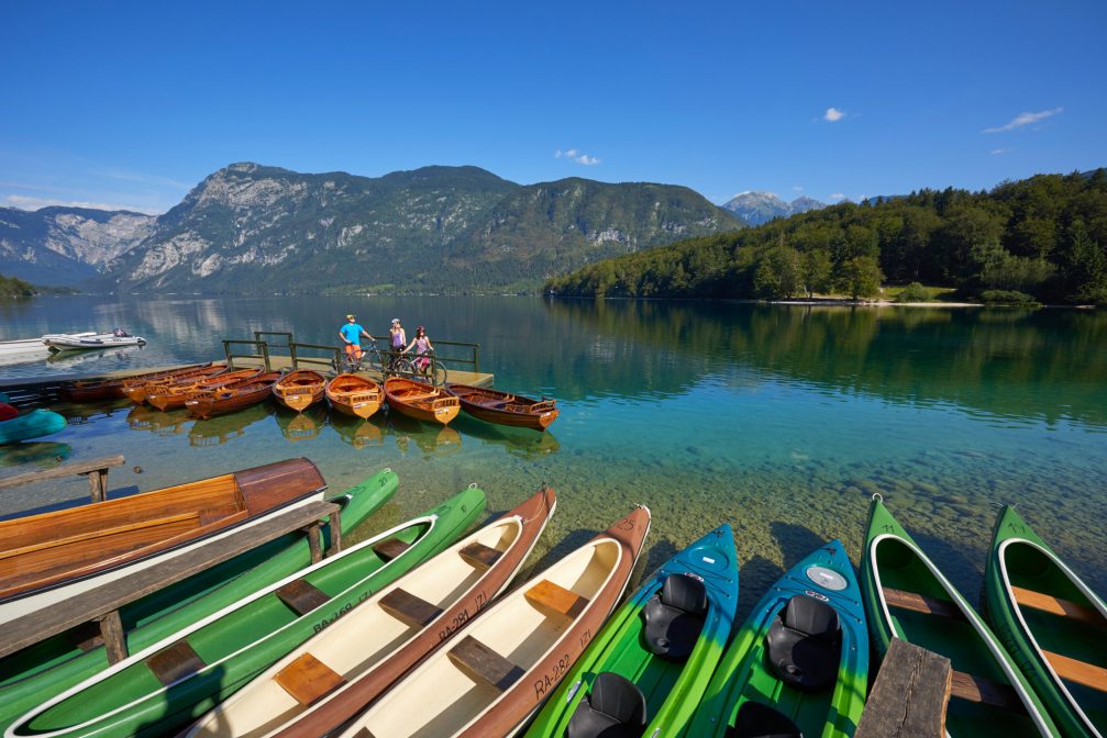 Rowing boats and canoes at Lake Bohinj in Slovenia