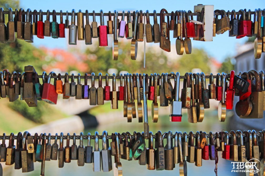 Close up of love locks on the Butchers' Bridge in Ljubljana, Slovenia, which crosses Ljubljanica River