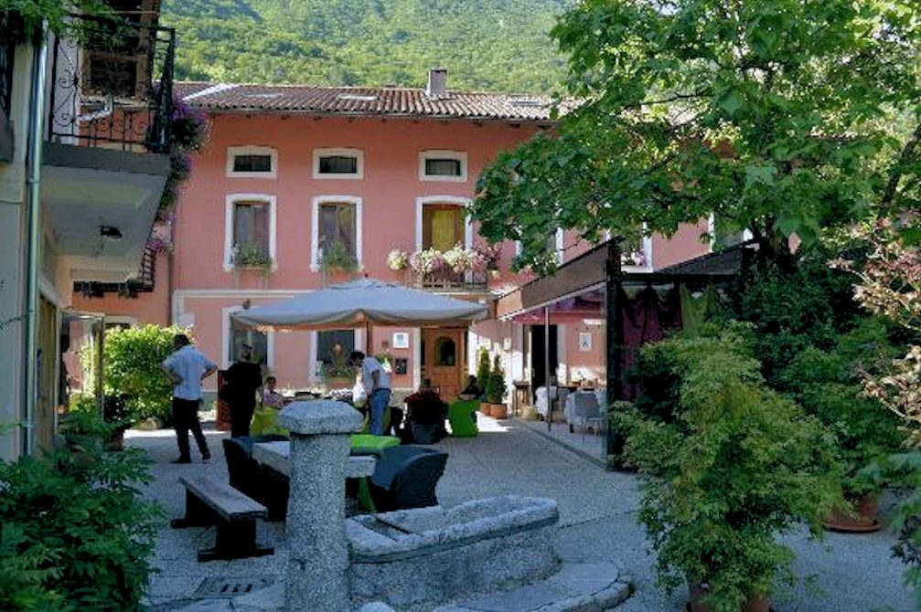 Exterior of the Slovenian fine-dining restaurant Hisa Franko from the town of Kobarid, Slovenia