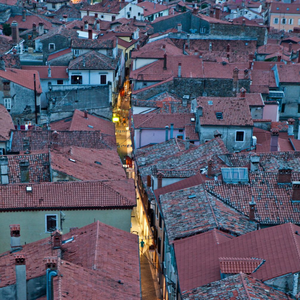 Aerial view of the Cevljarska street in the Koper Old Town