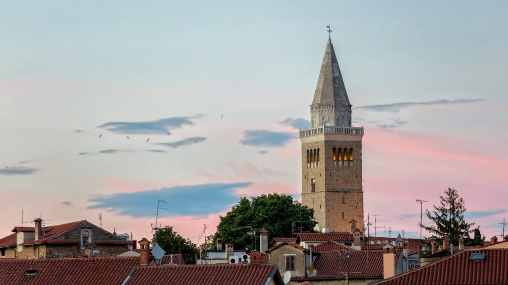 Old Town in Koper with the characteristic bell tower of Koper's Cathedral
