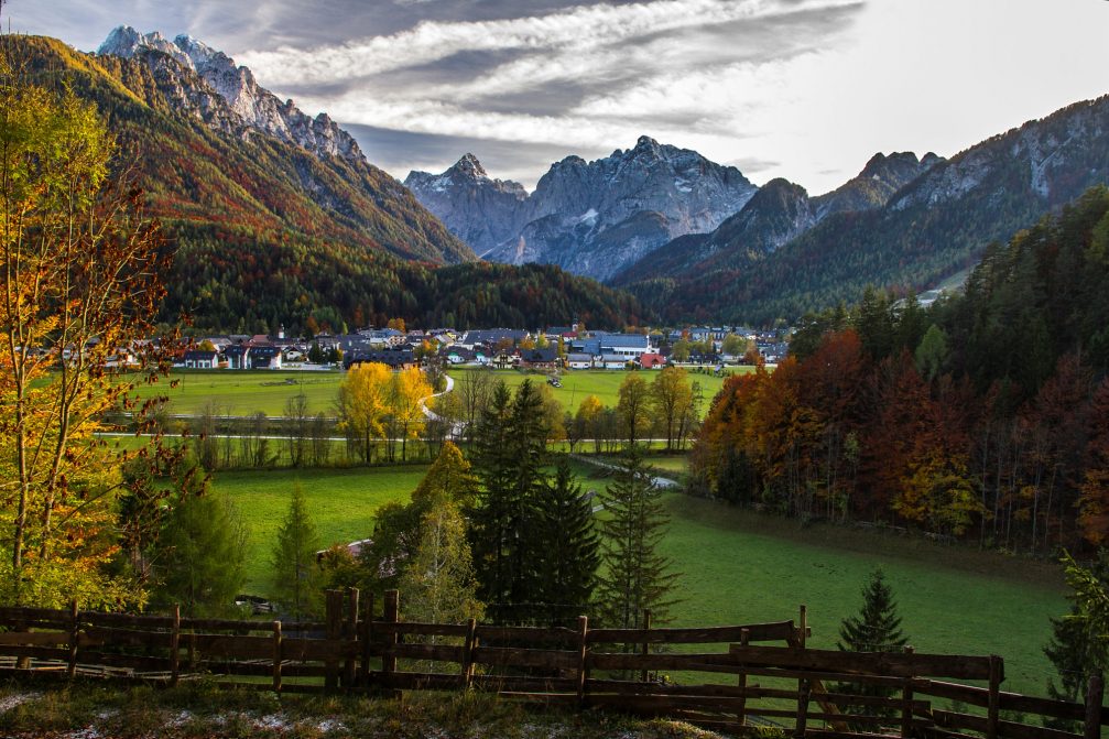 View of the alpine ski village of Kranjska Gora in autumn