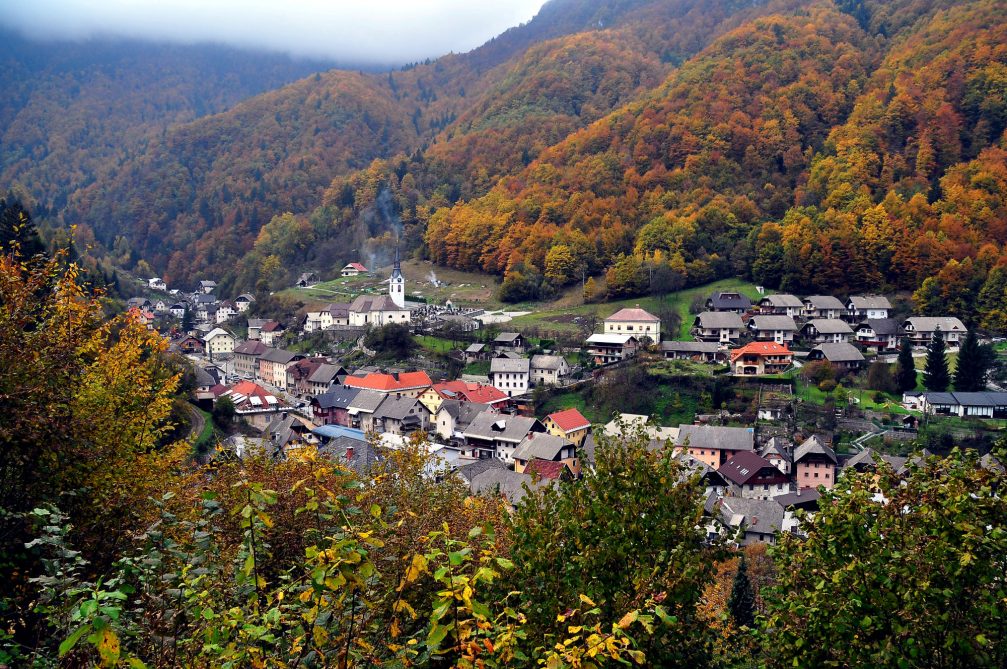 Elevated view of Kropa in autumn