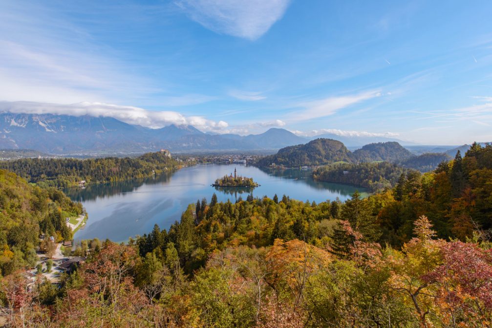 Autumn panorama at Lake Bled in Slovenia from the Ojstrica hill