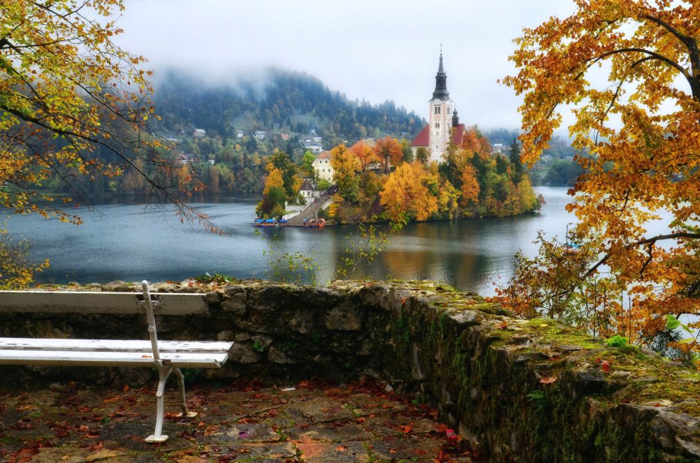 Elevated view of the Bled Island in the middle of Lake Bled in the autumn