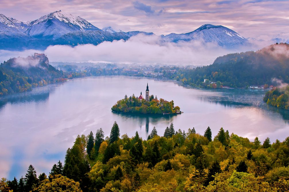 Elevated view of Lake Bled in fall from the Ojstrica lookout point