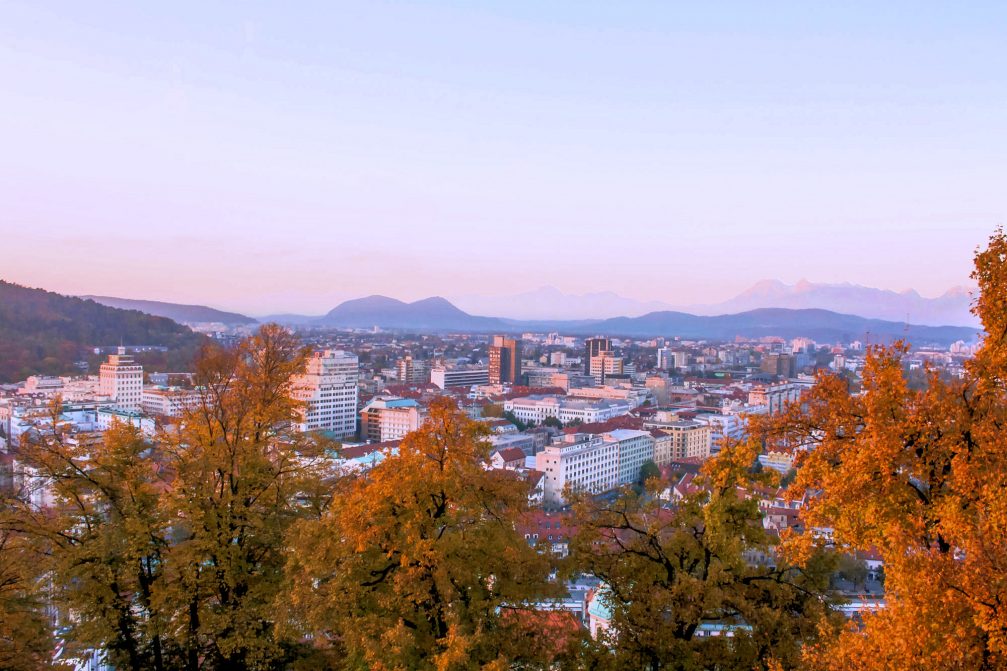 Elevated view of Slovenia's capital city Ljubljana from the Ljubljana Castle in autumn
