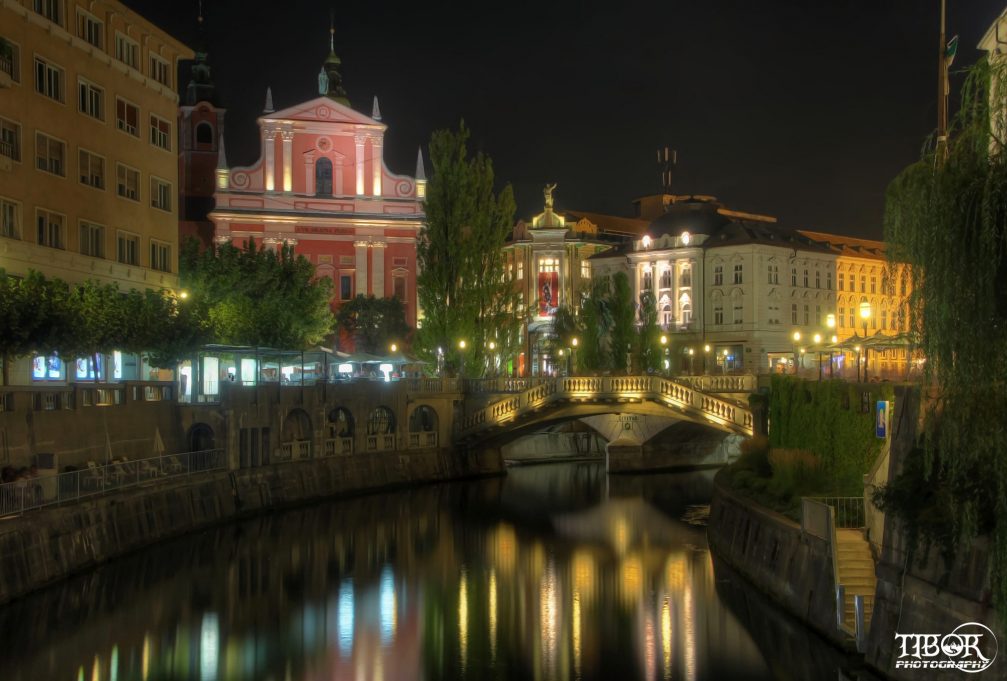 Ljubljana Old Town with its Baroque and Art-Nouveau buildings beautifully lit at night