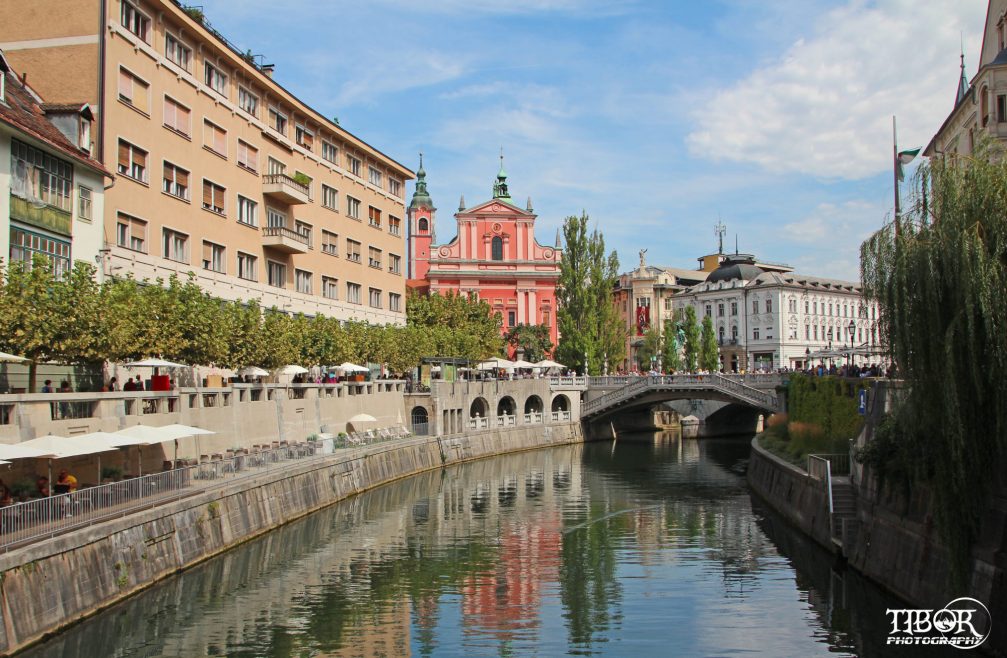 Ljubljanica River flowing through the centre of Ljubljana, the capital city of Slovenia