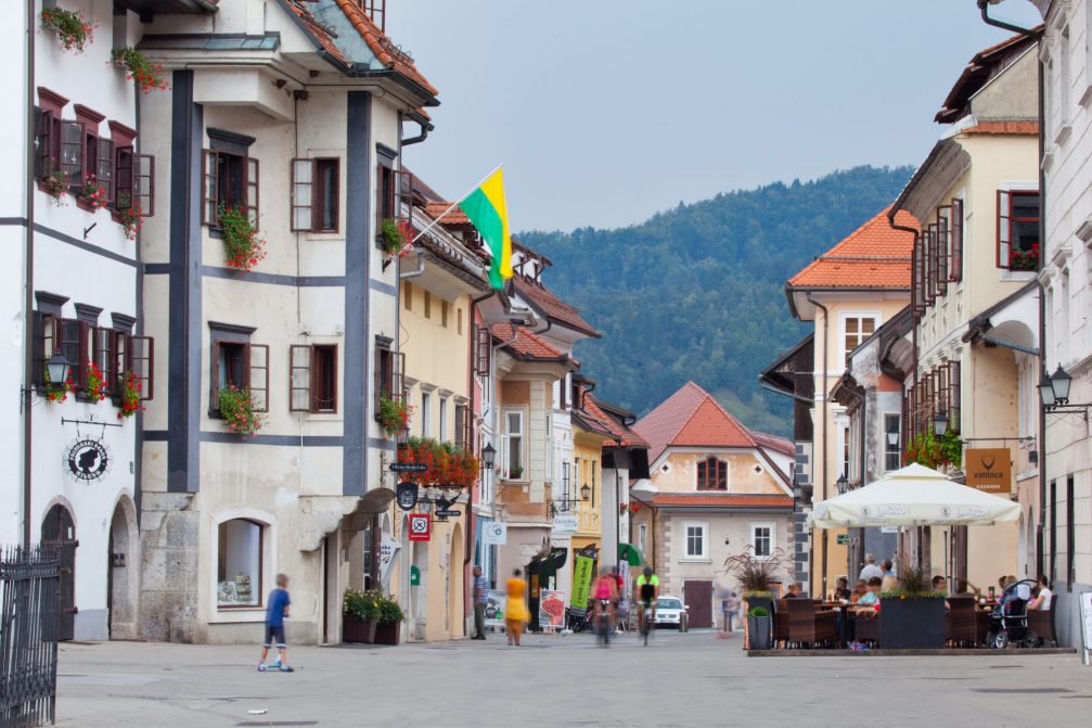 The streets of the medieval town of Skofja Loka in northwestern Slovenia