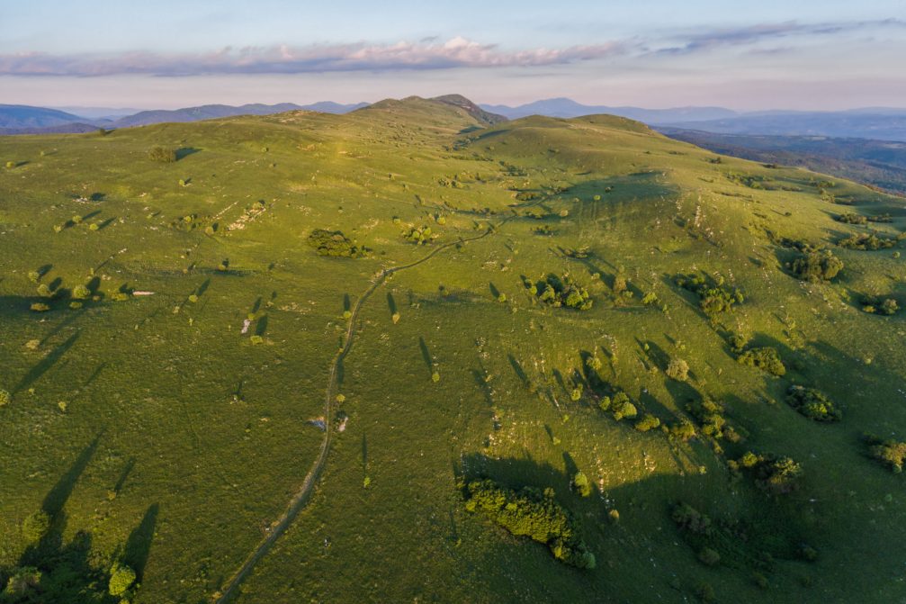 Aerial view of the Karst Plateau under the top of the Golic hill in southwestern Slovenia