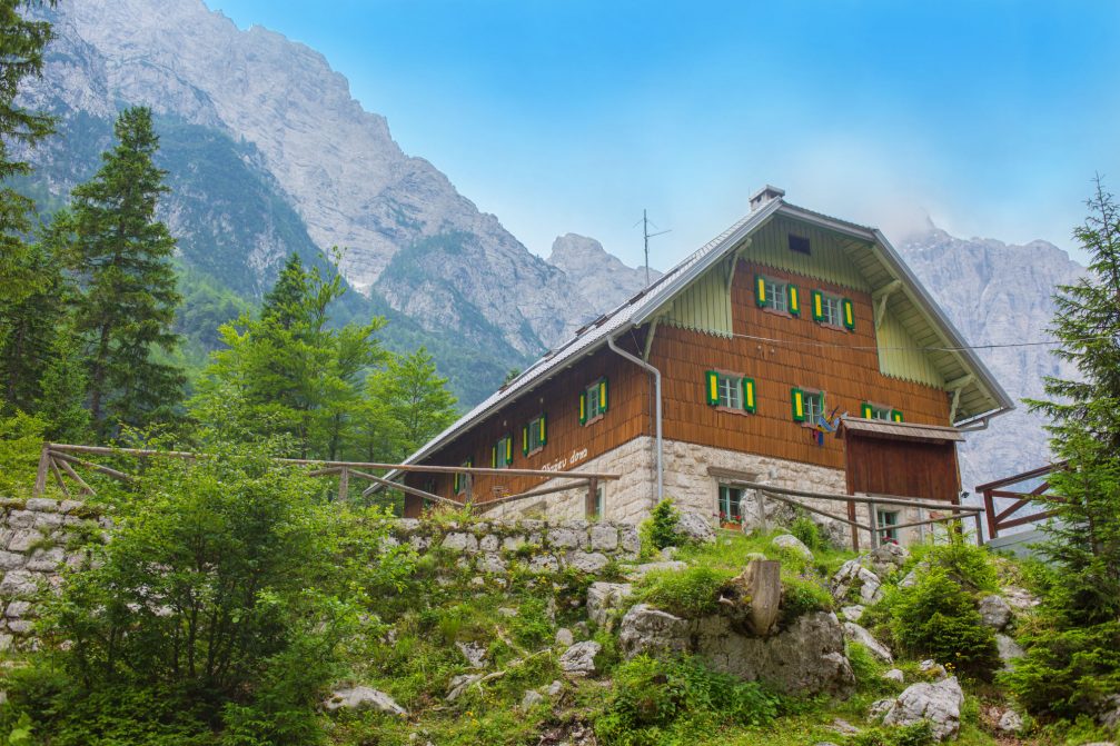 Exterior of Aljazev Dom V Vratih mountain hut in Slovenia