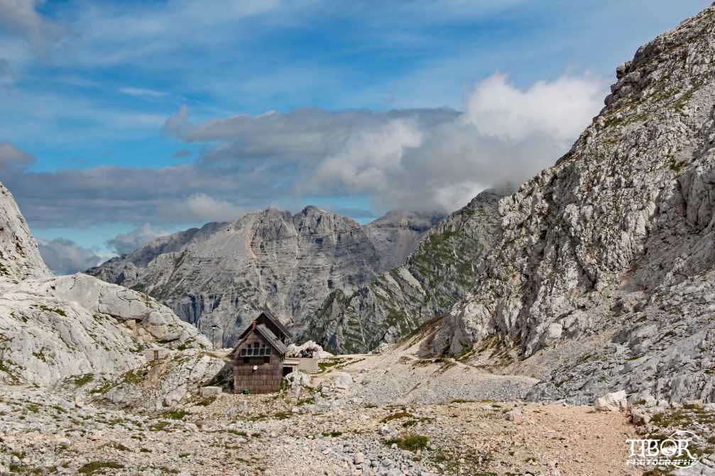Exterior of the Koca Na Dolicu mountain hut in the Julian Alps