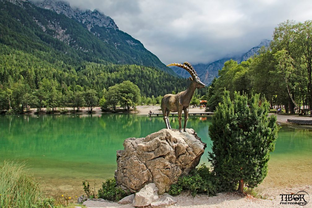 The goldenhorn statue in front of Lake Jasna in Kranjska Gora, Slovenia