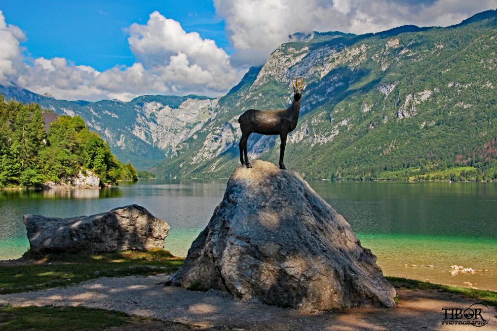 Bronze statue of Goldenhorn in front of Lake Bohinj in the Triglav National Park
