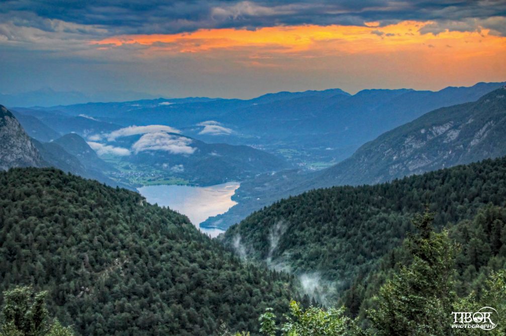 Elevated view of Lake Bohinj and the Triglav National Park at sunset
