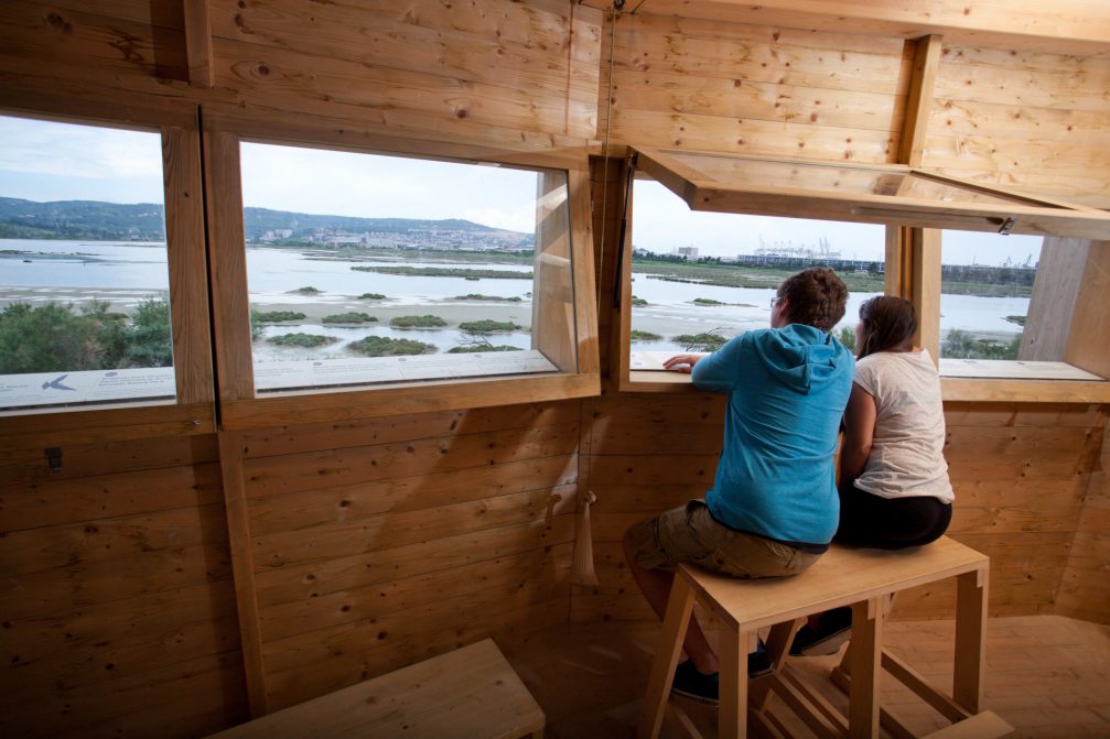 A couple observing birds in Skocjanski Zatok Nature Reserve in Koper, Slovenia