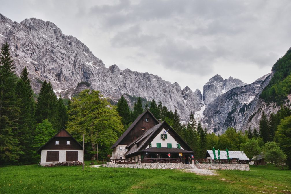 Exterior of the Planinski Dom Tamar mountain hut in Slovenia