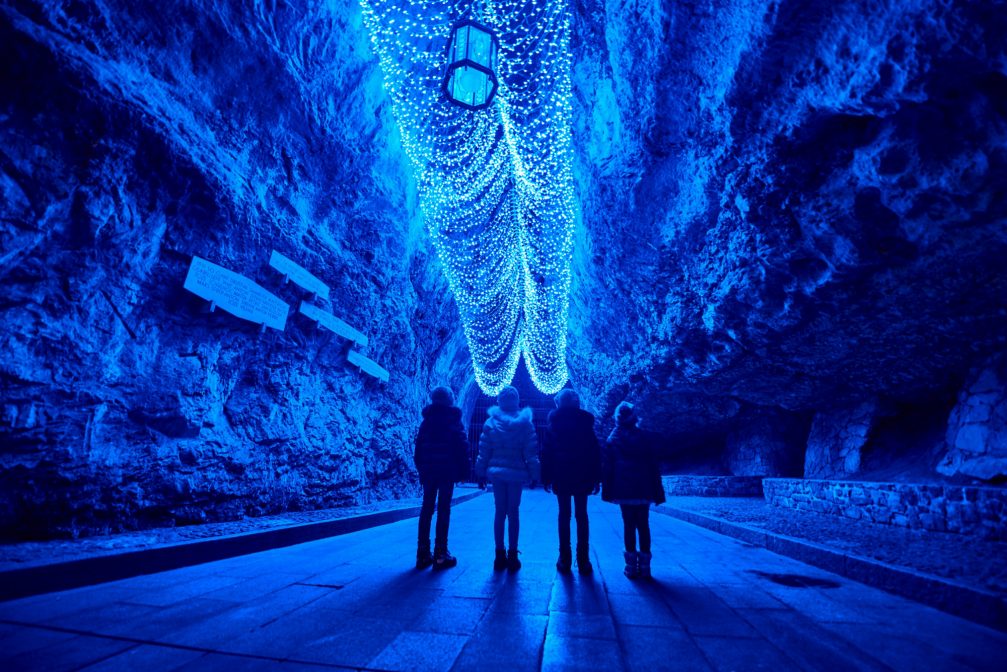 Postojna Caves in shades of blue during Living Nativity Scenes