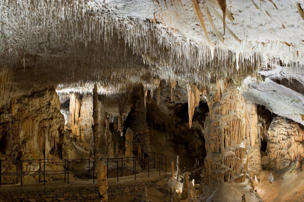 Spaghetti Hall with small spaghetti-like rock formations inside the Postojna Cave in Slovenia