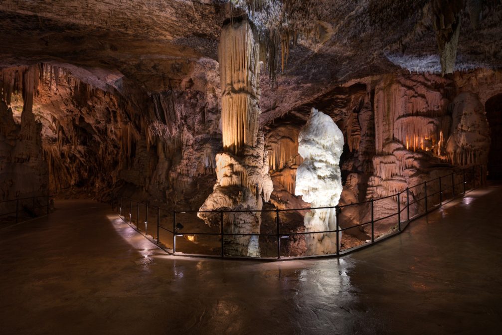 The five-metre-tall bright-white stalagmite called Brilliant inside the Postojna Cave in Slovenia