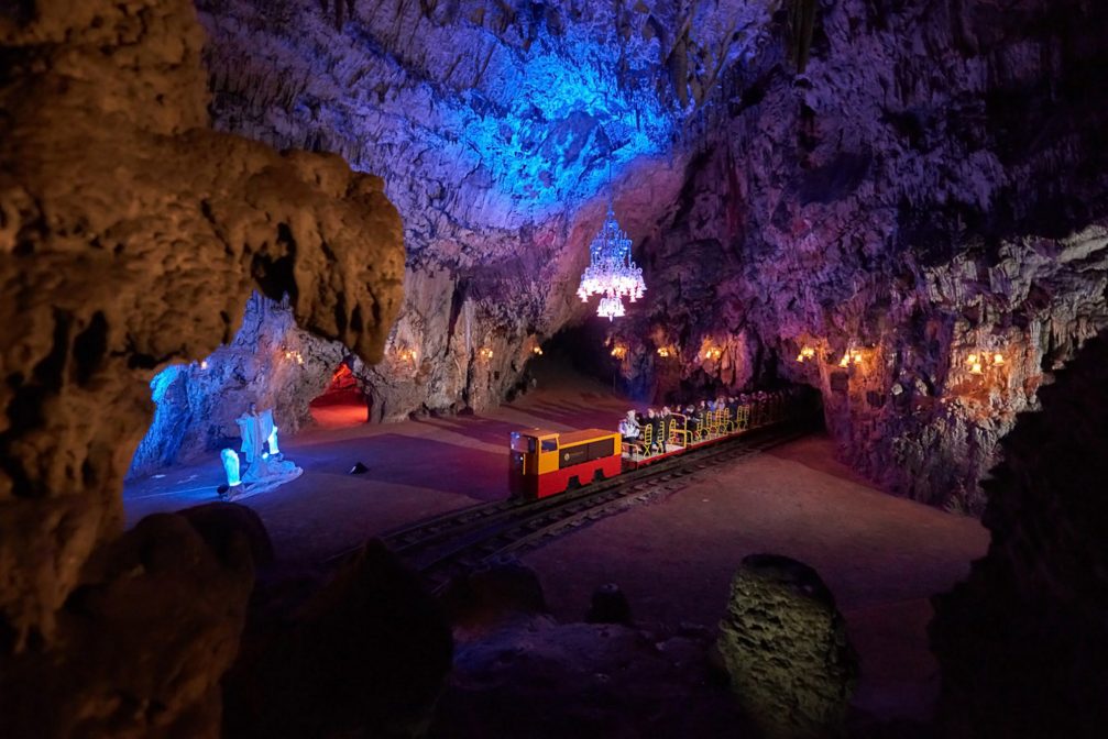 A train inside Postojna Caves during Living Nativity Scenes in the Christmas time in December