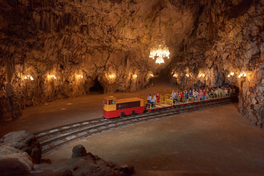 A train inside Postojna Caves in Slovenia