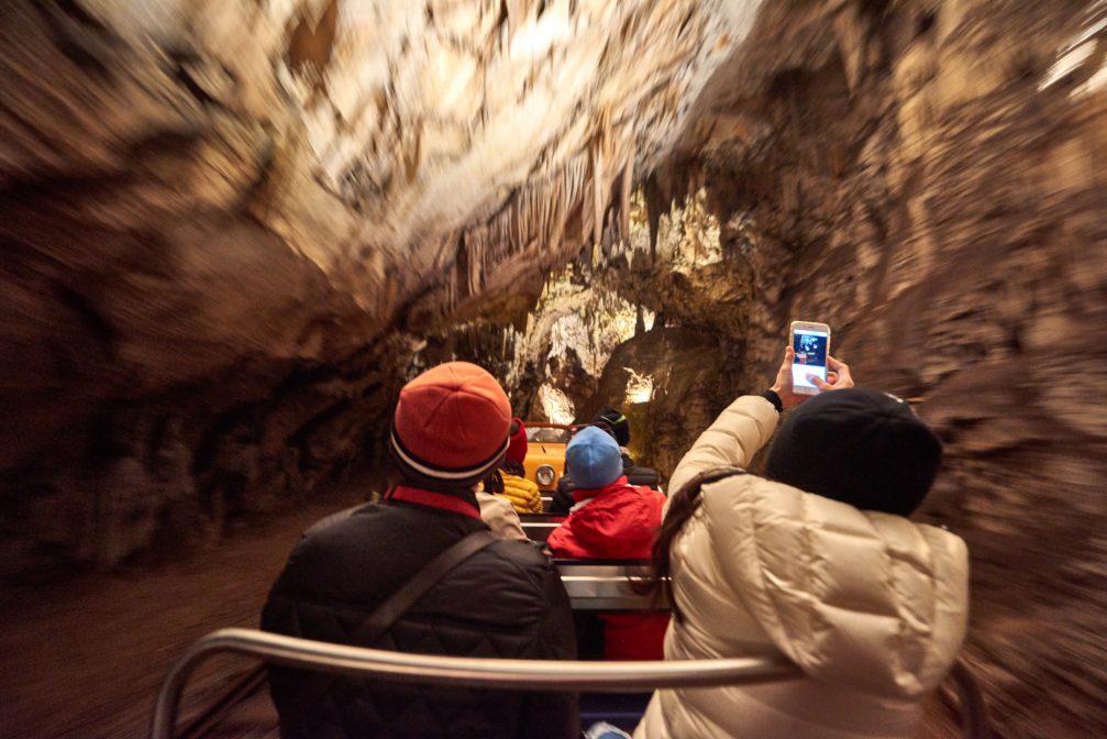 A point of view from the electric train inside Postojna Caves in Slovenia