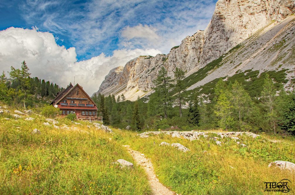 Exterior of the Triglav Lakes Lodge, a mountain hut in the Triglav National Park