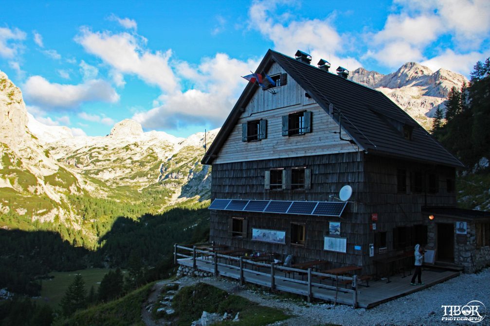 Exterior of the Vodnikov Dom Na Velem Polju mountain hut in the Julian Alps in Slovenia