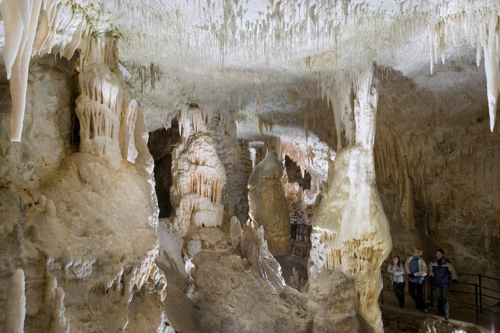 The White Hall of Postojna Cave in Slovenia with small spaghetti formations