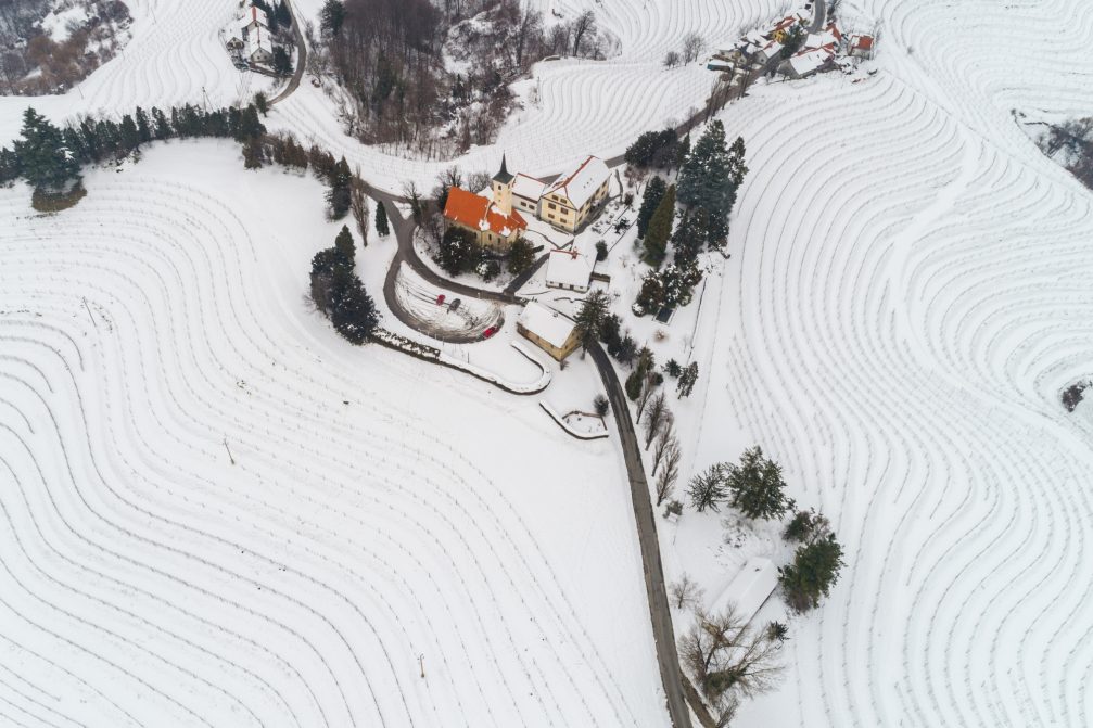 Elevated view of snow covered vineyards in Jeruzalem in winter