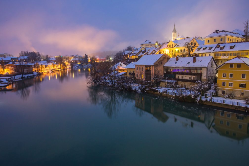 Novo Mesto in the winter with a cover of snow