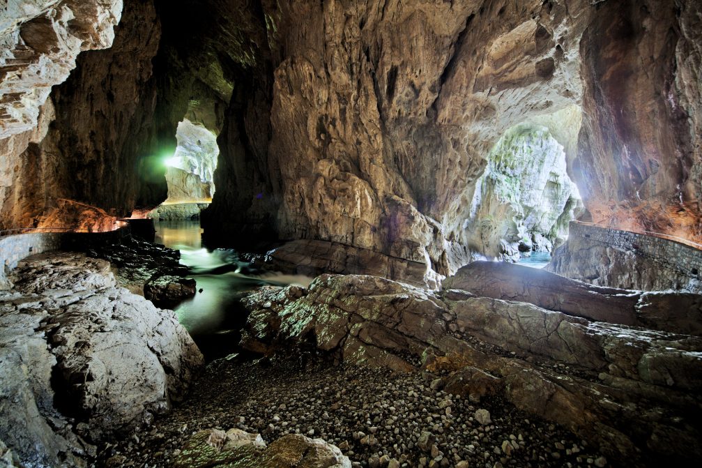 The underground Reka river flowing inside the Skocjan Caves in Slovenia