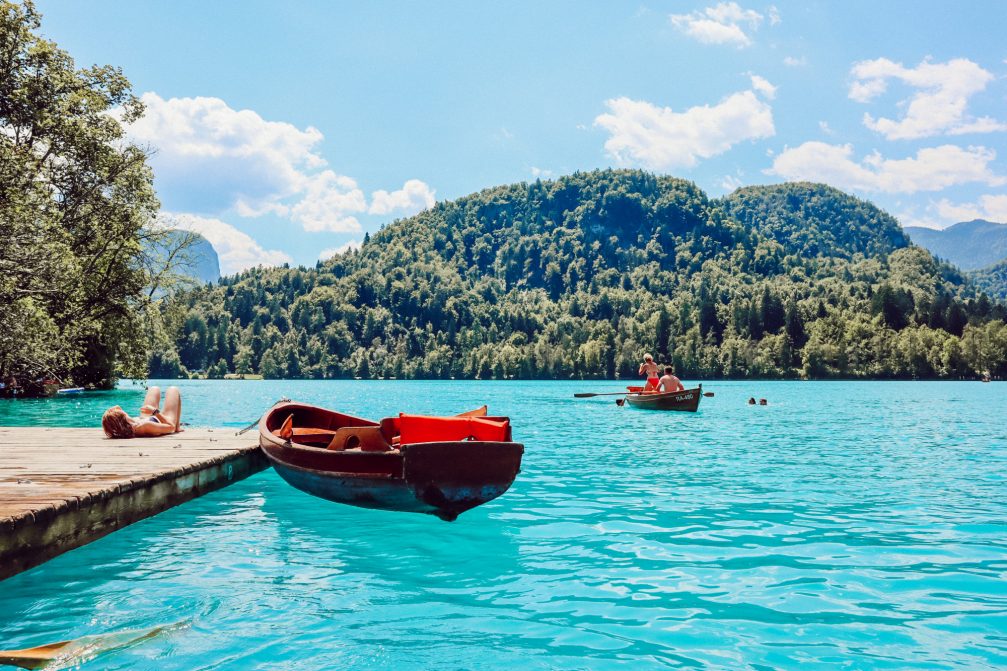 Wooden row boats on Lake Bled in Slovenia in the summer