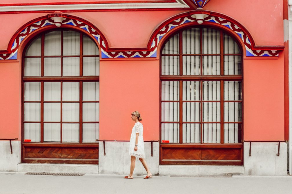 Colorful facade of the Cooperative Business Bank Building called Vurnik House on Miklosic street in Slovenia's capital Ljubljana