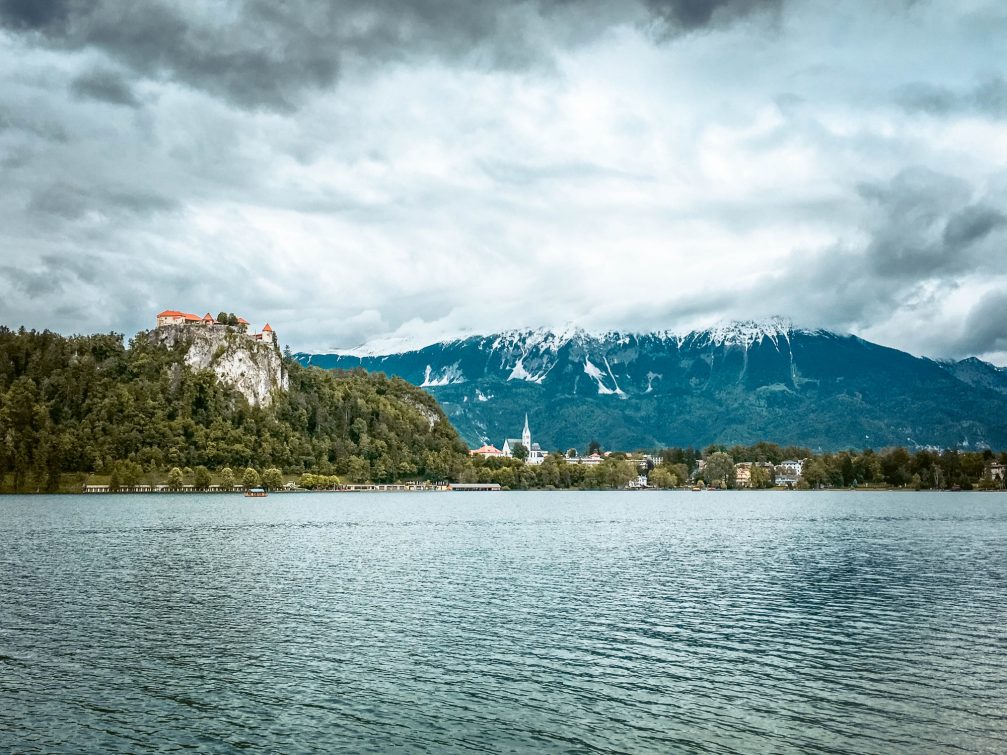 Bled Castle perched up on the cliffs overlooking Lake Bled, Slovenia