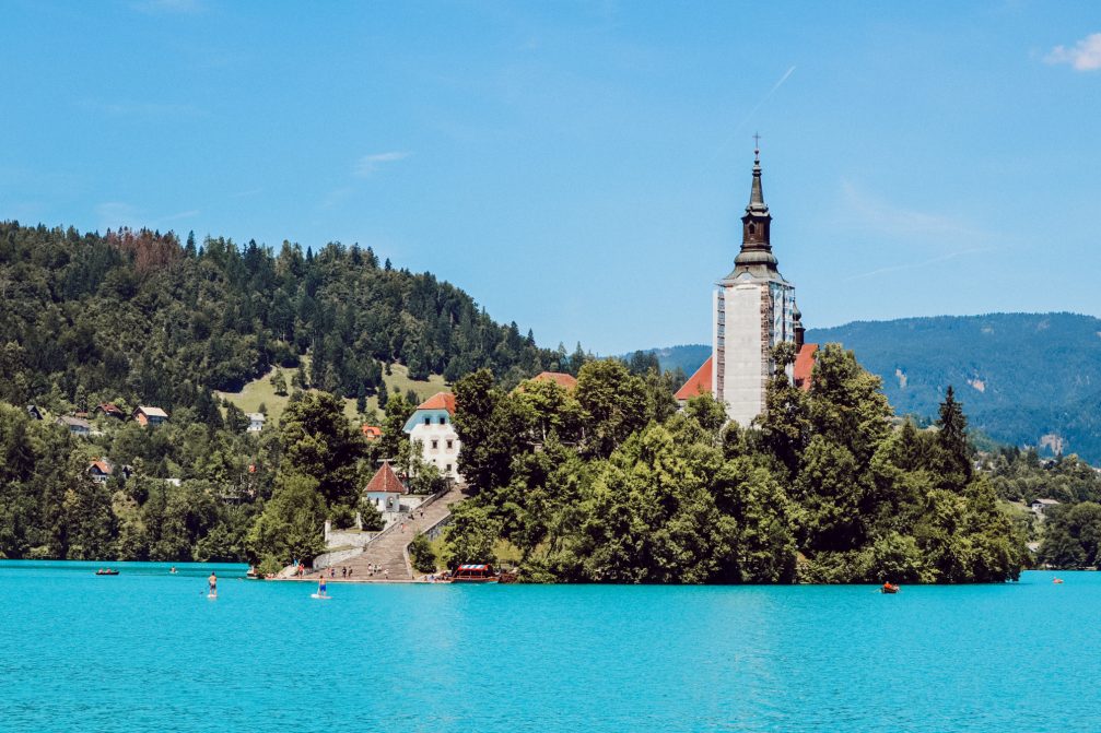 A view of the Bled island in the middle of Lake Bled in Slovenia