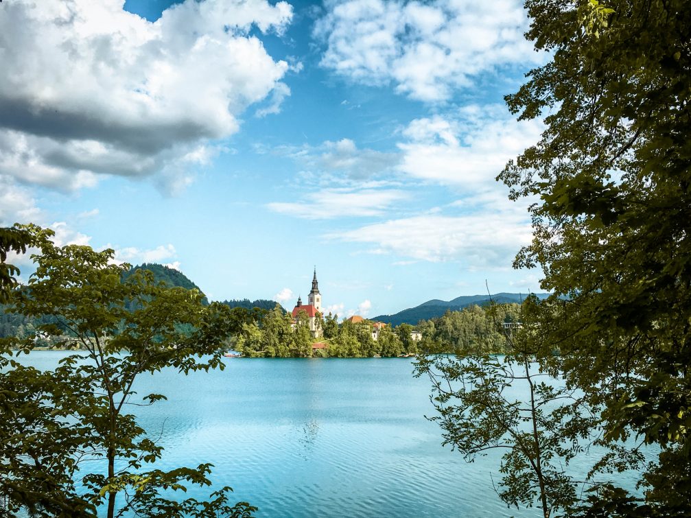 Bled Island with its Gothic church in the middle of Lake Bled, Slovenia