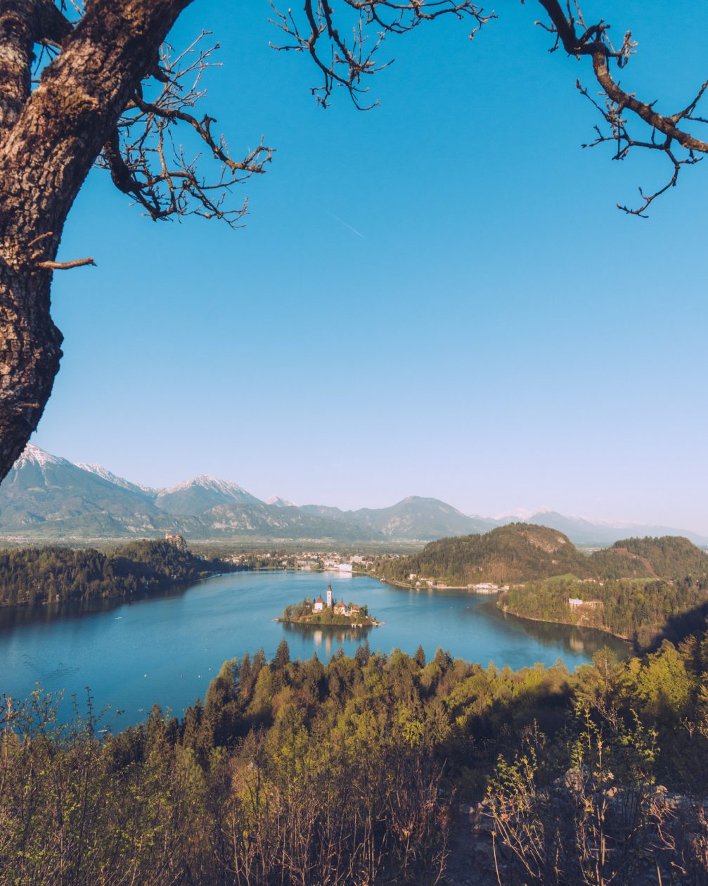 An elevated view of Lake Bled in Slovenia