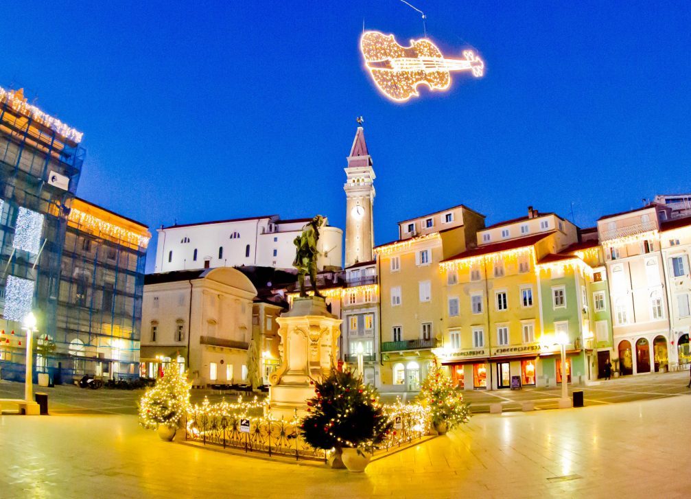 Main Tartini square in Piran at Christmas