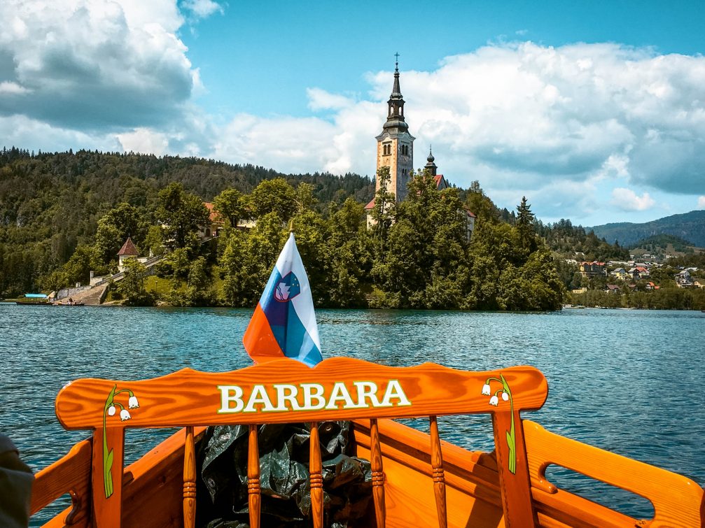 Pletna boat called Barbara with the Bled Island in the background