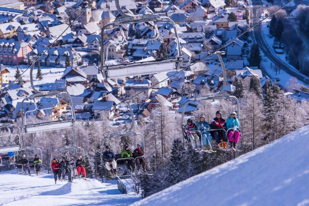 Elevated view of the Kranjska Gora village from Kranjska Gora Ski Resort in Slovenia