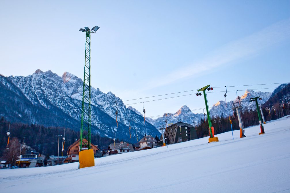 View of the mountains of Julian Alps from Kranjska Gora Ski Resort in Slovenia