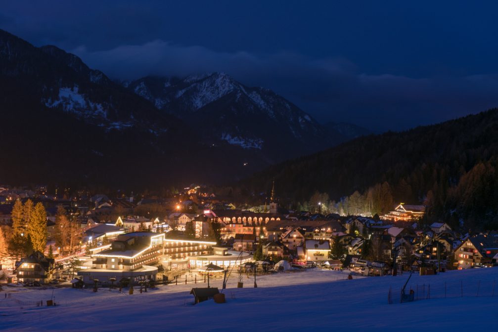 View of hotels at the bottom of Kranjska Gora Ski Resort at night