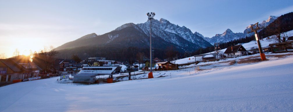 View of the village of Kranjska Gora from Kranjska Gora Ski Resort in Slovenia