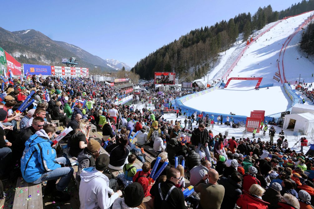 Spectators at Alpine Skiing World Cup men's slalom race in Kranjska Gora, Slovenia