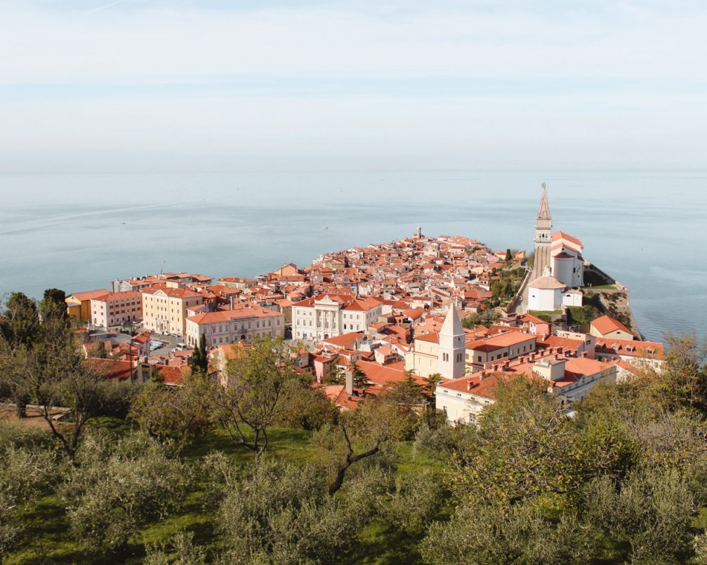 A bird's eye view of fall in Piran, Slovenia and Adriatic Sea from the Town Walls