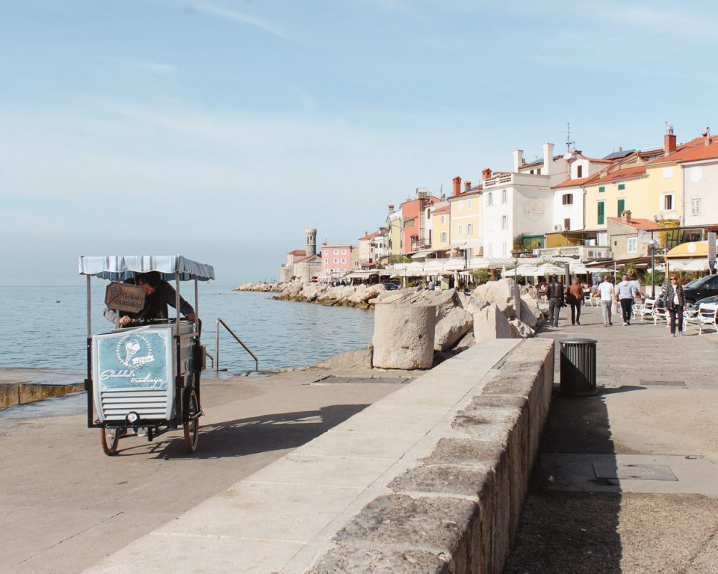 The Presernovo Nabrezje promenade in the coastal town of Piran, Slovenia