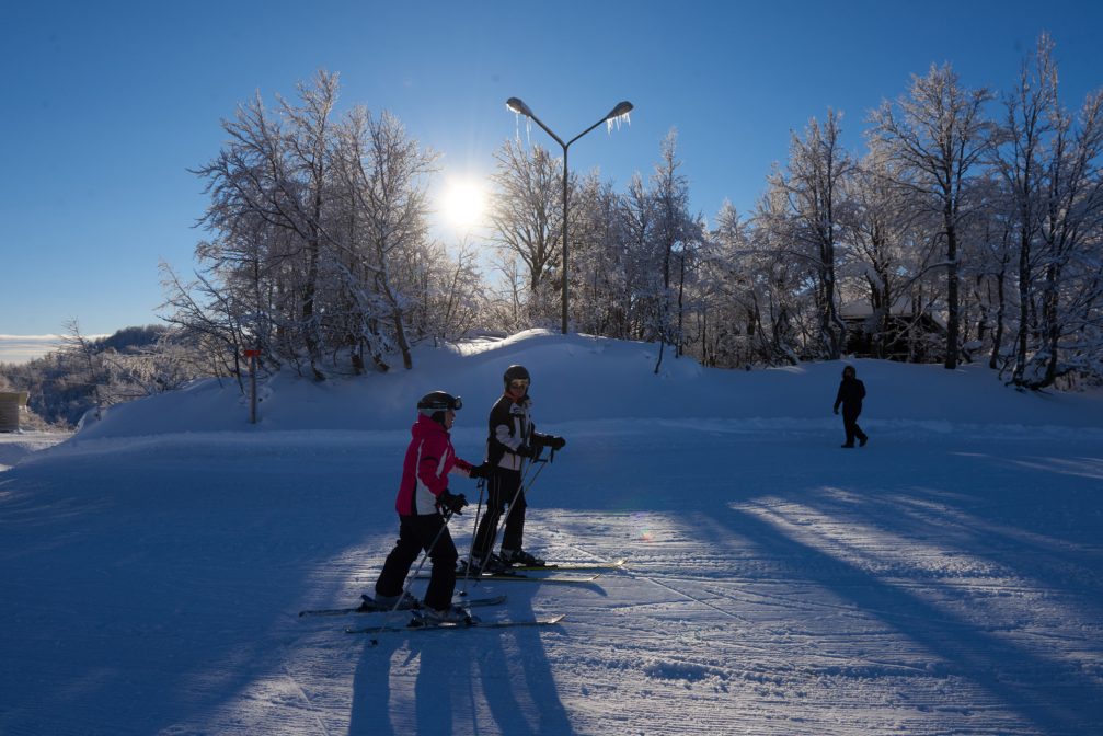 A group of skiers at Vogel Ski Resort in Bohinj, Slovenia